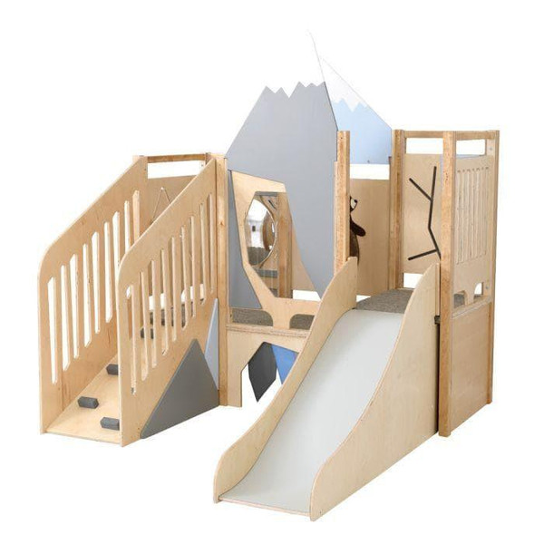 Moje Bambino Summit Toddler Play Loft, wooden indoor playset with slide, climbing areas, and mirror, designed for young children to play and explore.