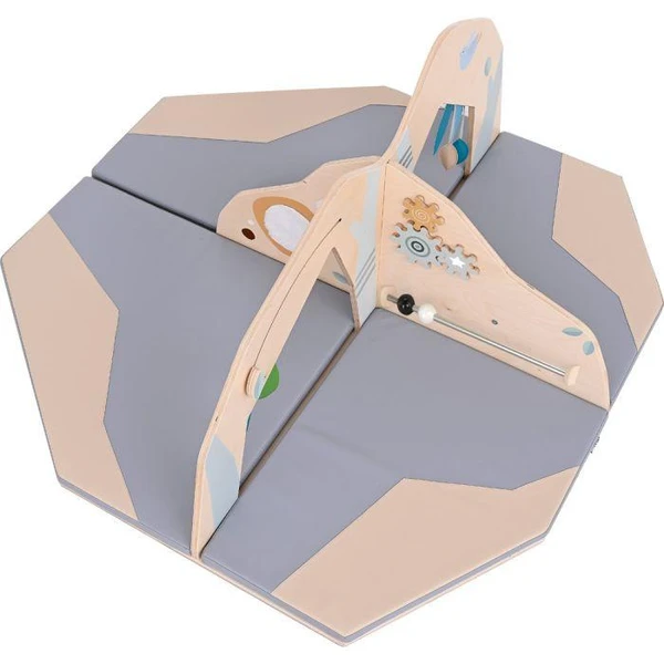 Moje Bambino Little Explorer Play Island Activity Center, a multi-purpose wooden play set with interactive gears, ramps, and toddler-friendly features for active play and exploration.