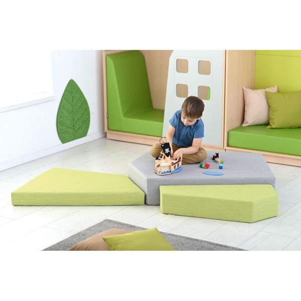Moje Bambino Floor Foam Cushion Set - 3 Pieces, child playing on green and gray foam cushions in a modern playroom.