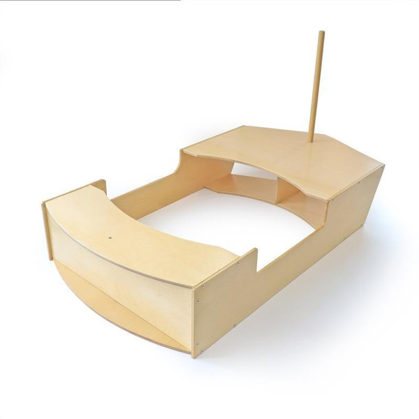 Whitney Brothers Imagination Boat Activity Center, wooden boat-shaped playhouse for children with a curved front and a tall mast