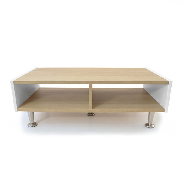 Whitney Brothers elevatED™ Community Table, wooden table with a split top design and white sides, supported by metallic legs.