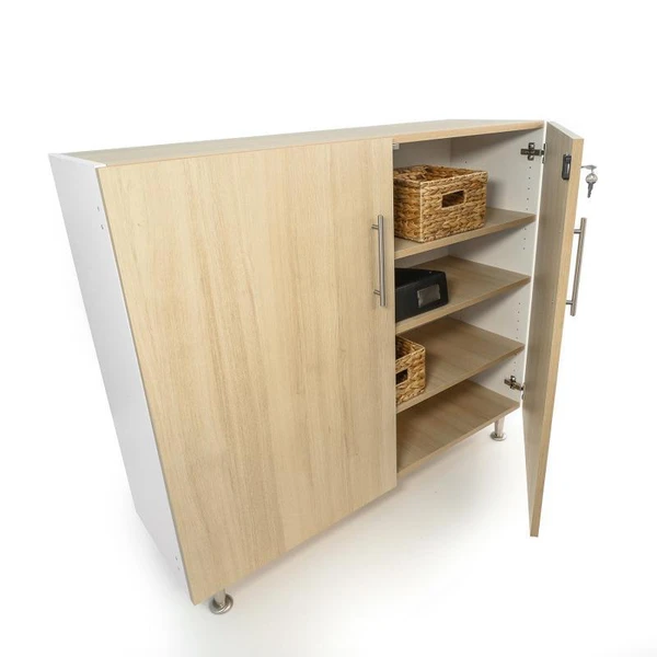Whitney Brothers elevatED™ Classroom Lockable Wall Cabinet, open wooden storage cabinet with adjustable shelves, woven baskets, and a lock with key for secure storage in classrooms.