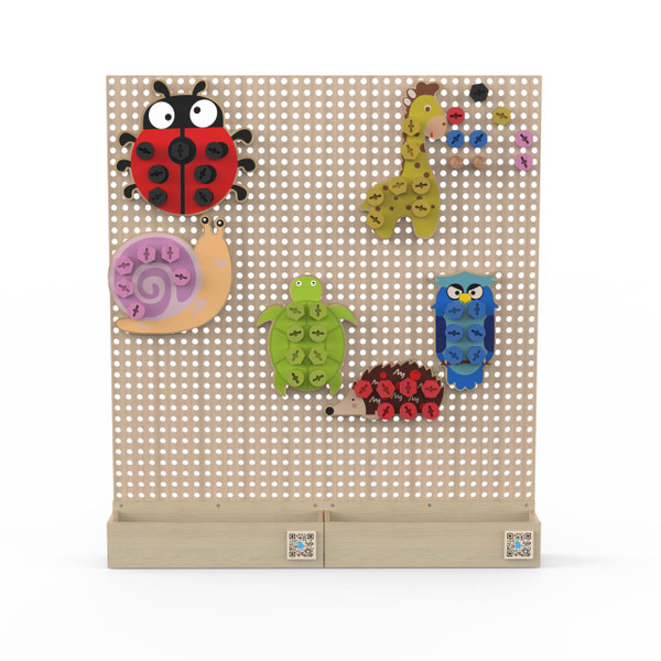 LiteZilla Kidworx™ Animal Assembly Adventure Wall Activity, wooden pegboard featuring colorful animal shapes with screws and buttons for children to assemble and play.