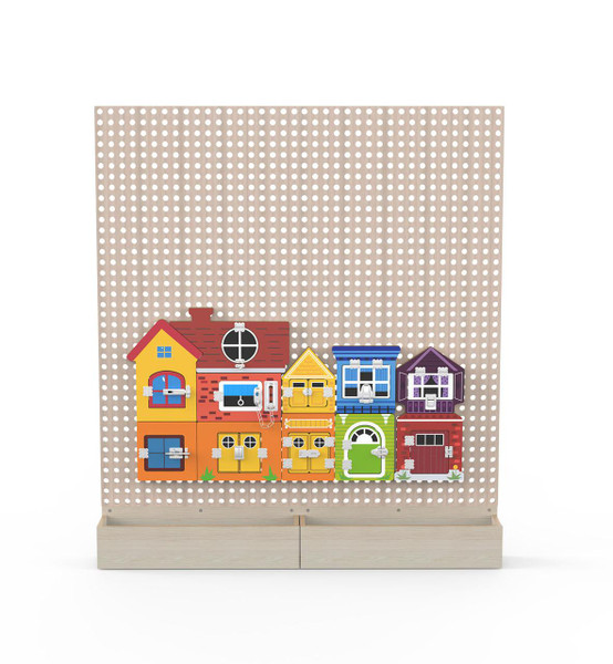 LiteZilla Kidworx™ Nosey Neighbors Puzzle Peek Wall Activity, colorful wooden house puzzle pieces displayed on a perforated wall panel for children's interactive play and learning.