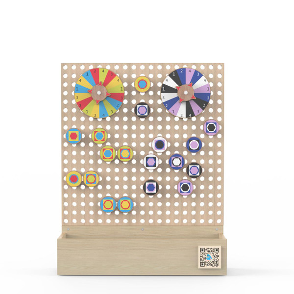 LiteZilla Kidworx™ Kaleido Colors Wall Activity, colorful educational wall game with clocks, hexagons, and geometric shapes on a pegboard.
