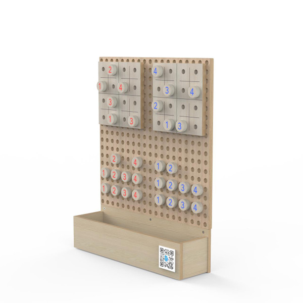 LiteZilla Kidworx™ Sudoku Shuffle Wall Game, educational wooden wall game with numbered rotating discs and a storage compartment at the bottom.