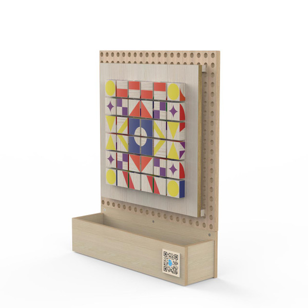 LiteZilla Kidworx™ Patchwork Patternmakers Wall Activity, educational wooden wall activity with colorful geometric shapes and a storage drawer at the bottom.