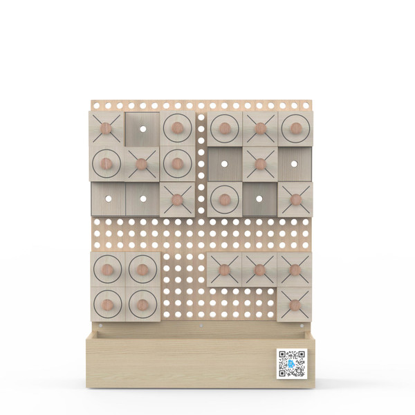 LiteZilla Kidworx™ Tic Tac Whoa! Wall Game, wooden wall-mounted tic-tac-toe game board with movable X and O tiles displayed in several game patterns