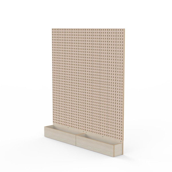 LiteZilla Kidworx™ Large Pegboard Activity Wall Pack, a beige wooden pegboard with evenly spaced holes, mounted on a low wooden storage base.