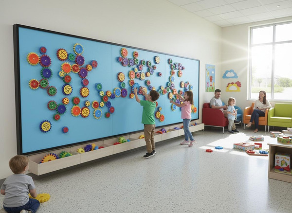 LiteZilla MagWiz Sensory Gears STEM Wall Activity - 15x5, colorful magnetic sensory gears arranged on a large wall, children playing and interacting with the gears in a bright, inviting indoor setting.