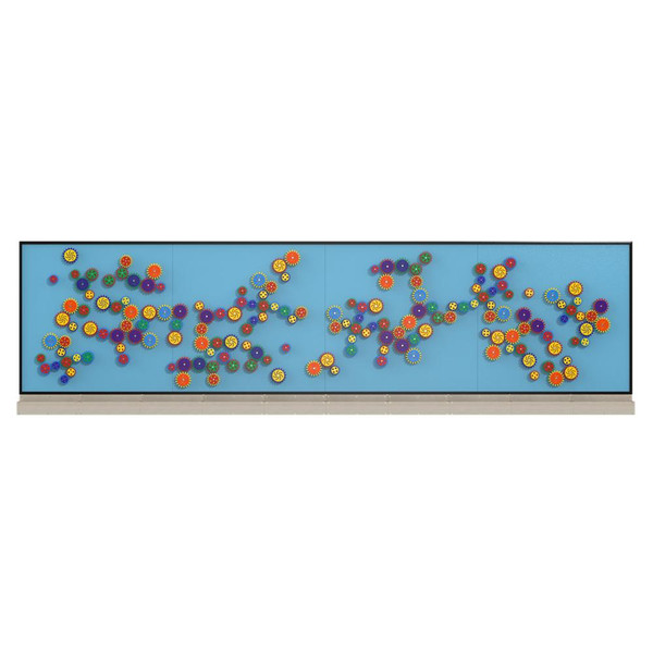 LiteZilla MagWiz Sensory Gears STEM Wall Activity - 20x5, colorful magnetic gears arranged on a blue wall in a large, interactive display for educational and sensory play.
