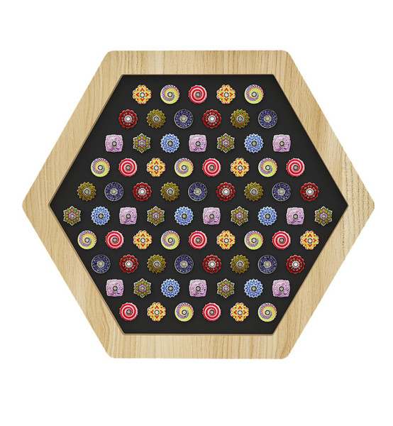 LiteZilla Multi-Sensory Hexagon Panel - Fidget Spinner Classic, colorful decorative fidget spinners arranged in hexagonal design inside a wooden frame.