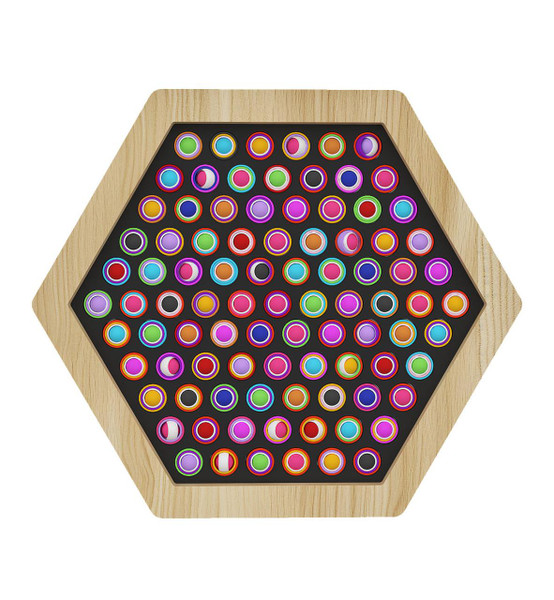 LiteZilla Multi-Sensory Hexagon Panel - Gyro Rings Classic, colorful sensory toy with numerous small, vibrant rings arranged in a hexagonal grid on a black background, surrounded by a light wooden frame.