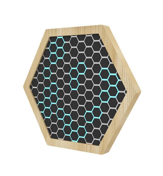 LiteZilla Multi-Sensory Hexagon Panel - Hex-A-Glow XL, a wooden framed hexagon-shaped sensory panel with glowing blue and black hexagon pattern.