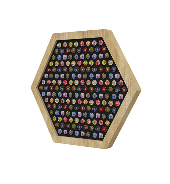 LiteZilla Multi-Sensory Hexagon Panel - Fidget Spinner XL, colorful hexagon-shaped fidget spinners arranged in rows on a black background within a wooden hexagonal frame.