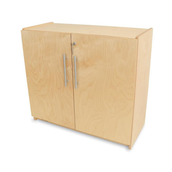 Whitney Brothers Whitney Plus Locking Storage Cabinet, wooden storage cabinet with lockable doors and metal handles for secure storage.