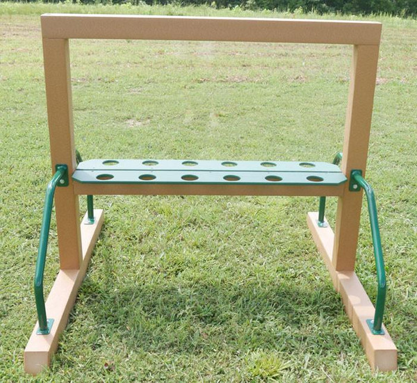 Infinity Playgrounds Portable Outdoor Art Panel, outdoor playground equipment with a wooden frame and a green panel with holes, placed on a grassy field.