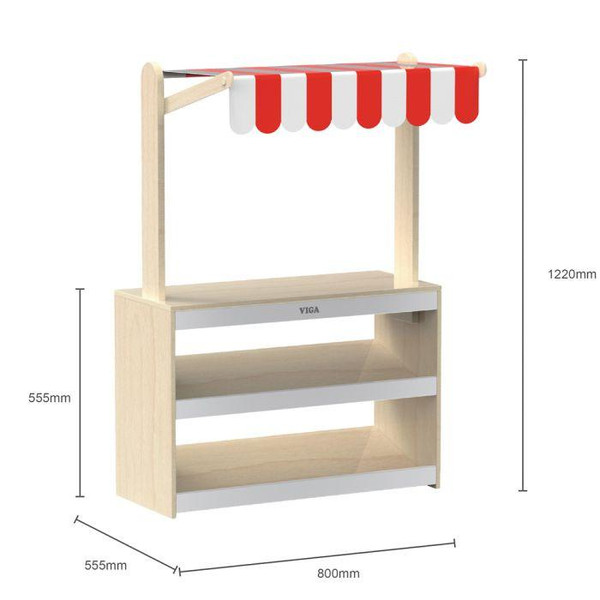 Moje Bambino Mini Market Counter, wooden toy play market stand with a striped red and white canopy, mini shelves for pretend grocery shopping, suitable for children's imaginative play.