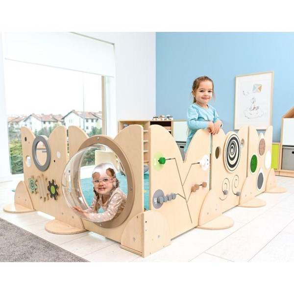 Moje Bambino Texture Sensory Play Panel Partition, two young girls playing with wooden sensory panels and tunnels in a bright, kid-friendly indoor space.