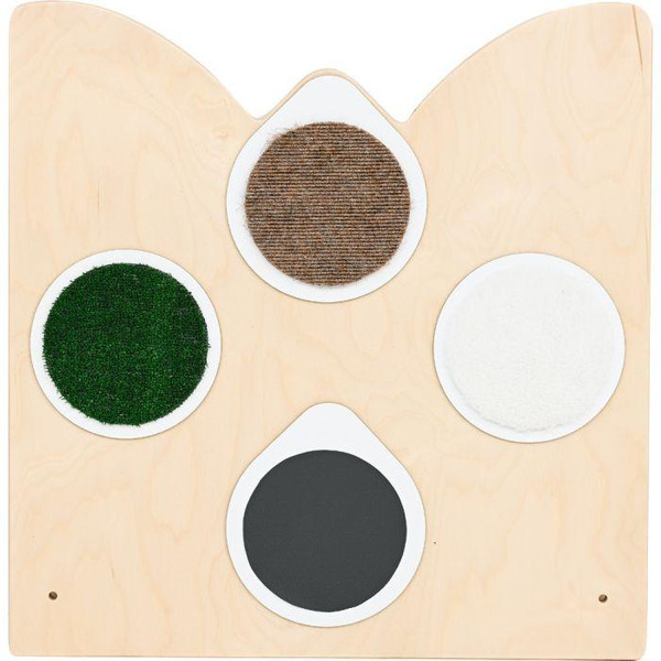 Moje Bambino Texture Sensory Play Panel Partition, wooden sensory play panel with four textured circular sections including brown, green, white, and black textures for tactile exploration.