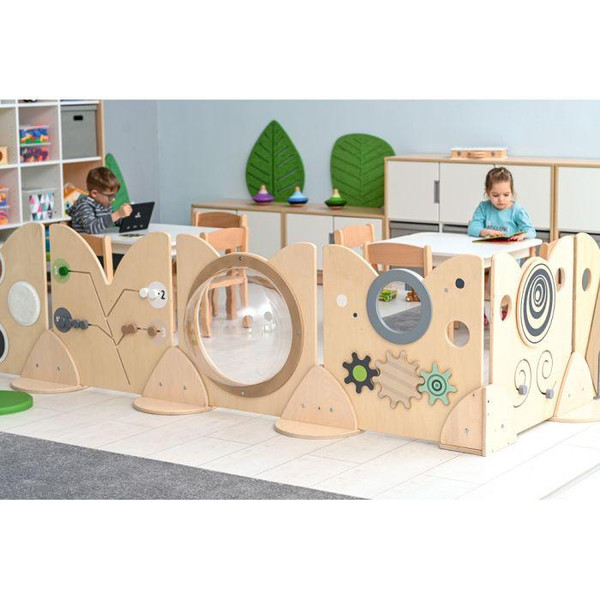 Moje Bambino Connector for Sensory Play Panels, wooden sensory play enclosure with interactive gears, mirrors, and sensory panels in a children's playroom.