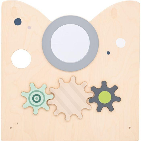Moje Bambino Gears Sensory Play Panel Partition, wooden sensory play panel with colorful gear shapes and circular mirror for children's sensory development.