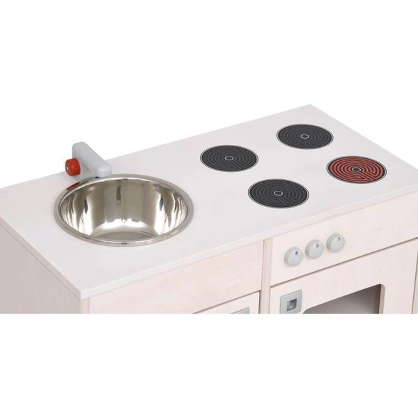 Moje Bambino Bianca Kitchen Cabinet with Stove and Sink, toy kitchen set featuring a small stainless steel sink and four electric stove burners, suitable for children’s play kitchen.