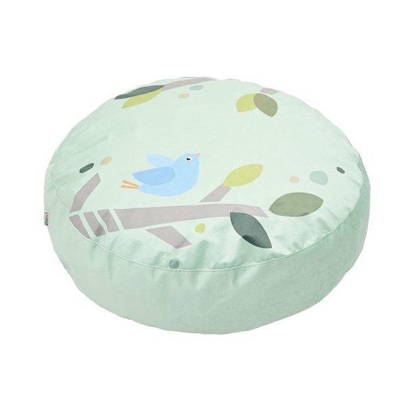 Moje Bambino Forest Floor Cushion, round soft cushion with a nature-inspired design featuring a blue bird and green leaves.