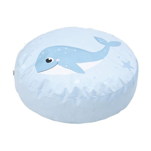 Moje Bambino Sea Dolphin Floor Cushion, round light blue toddler floor cushion with a cute cartoon whale design.