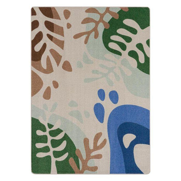 Playscapes Nature Forms™ Rectangular Designer Classroom Carpet, vibrant educational area rug with abstract plant and leaf patterns in green, brown, beige, and blue for classroom decor.