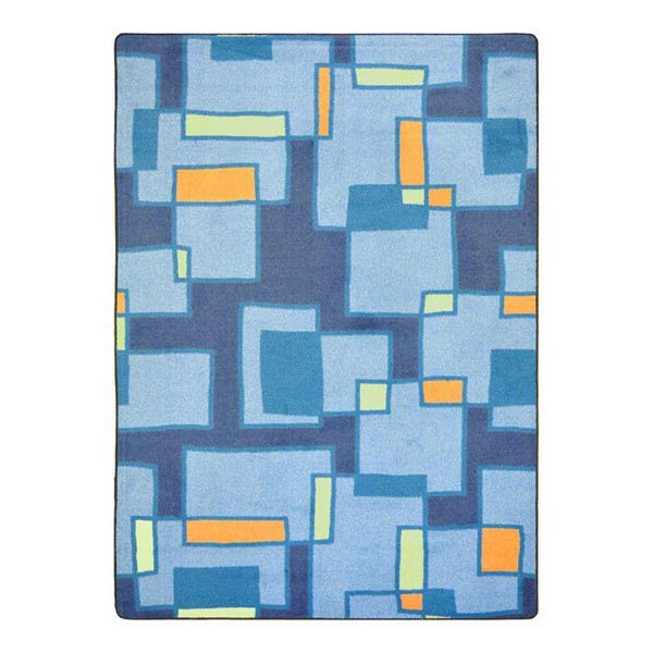 Playscapes Outside The Box™ Designer Classroom Carpet, colorful geometric patterned classroom rug with blue, green, orange, and yellow rectangles.