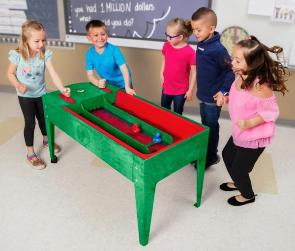 Childbrite Wave Rave™ Activity Center, Interactive Sand & Water Table with 2 Locking Casters, children playing around the colorful activity table in a classroom setting.