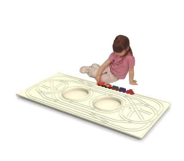 Childbrite Express Train Route Board with Red Ball Express Train, a children's train-themed play board featuring track lines and train pieces.