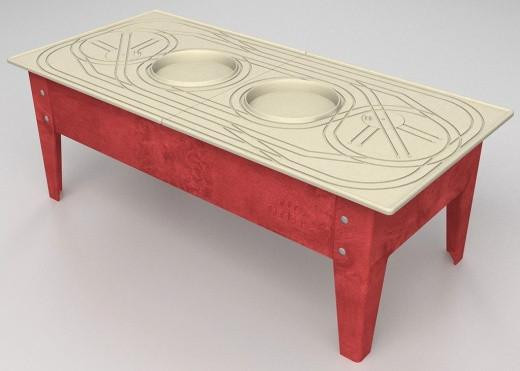 Childbrite Express Train Table - Toddler Route Board Activity Table, red and cream-colored train table with two circular track areas and painted train track design on the surface.