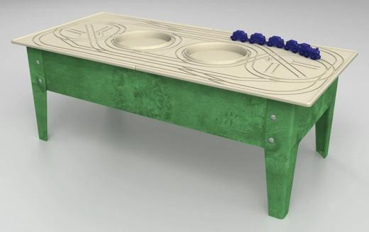 Childbrite Express Toddler Train Table with All American Passenger Train, green wooden train table with built-in track and blue toy train