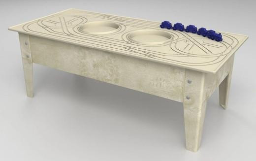 Childbrite Express Toddler Train Table with All American Passenger Train, wooden train table with a train track and blue train cars on top.