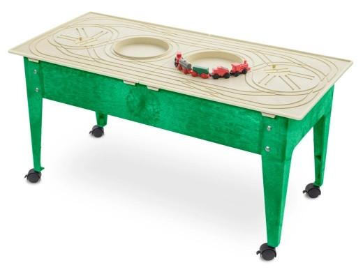 Childbrite Express Youth Train Table with Red Ball Express Train, a green activity table with a wooden train track and a red toy train on top.
