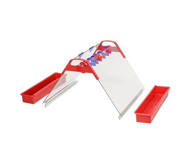 Childbrite Paint 'n Dry Easel Kit for ChildBrite Sand & Water Activity Centers, red and clear plastic easel with adjustable clips and two side trays for art supplies and water or sand activities.