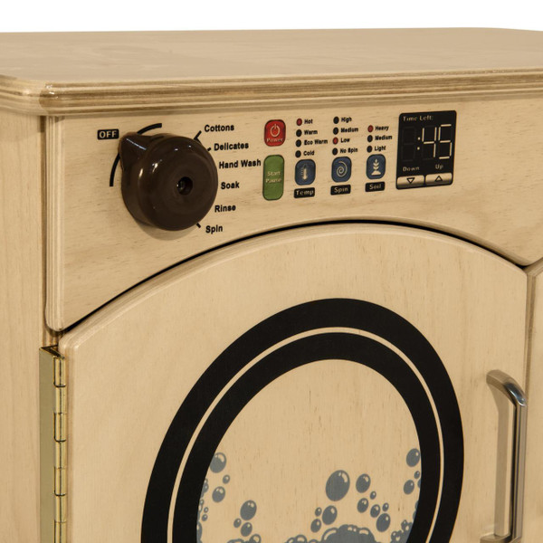 Wood Designs Side By Side Deluxe Washer Dryer Combo, vintage style washer with control panel and timer display.