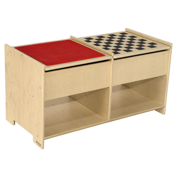 Wood Designs Build-N-Play Table with Checkerboard, wooden children's play table featuring a checkerboard on one side and a LEGO-compatible surface on the other