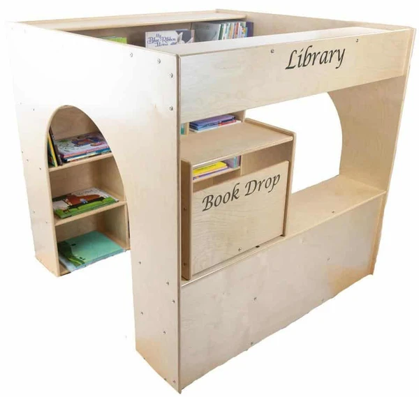 Wood Designs Town Collection Library Playhouse, wooden children's library with book shelves and a Book Drop compartment.