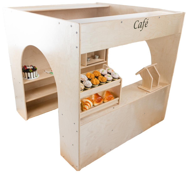 Wood Designs Town Collection Café Playhouse, wooden playhouse with bakery display shelves and cake and pastry props.