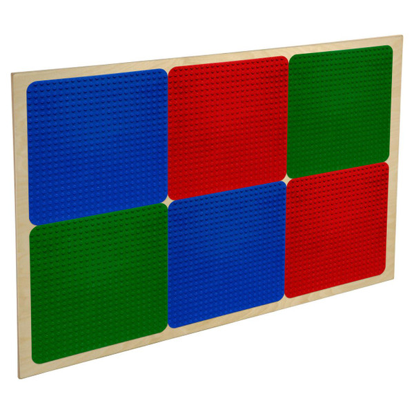 Wood Designs Duplo® Compatible Wall, wooden wall with colorful Lego-style bricks in blue, red, and green for children's building play.