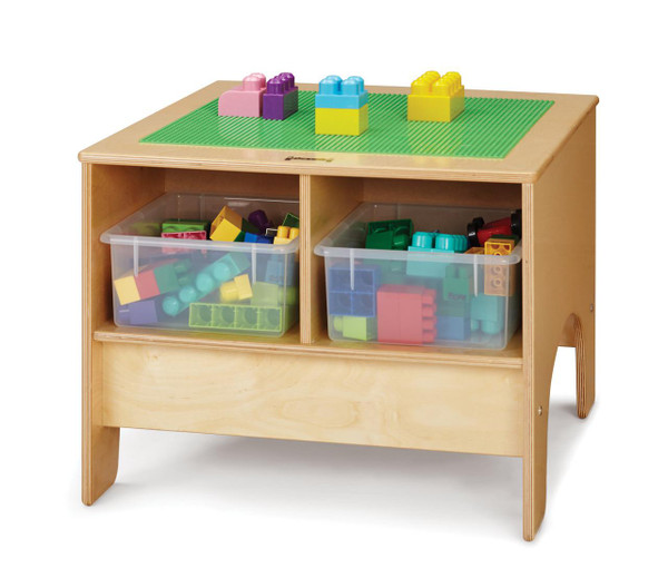 Jonti-Craft KYDZ Building Table - Preschool Brick Compatible, wooden children's table with storage compartments filled with colorful building blocks.
