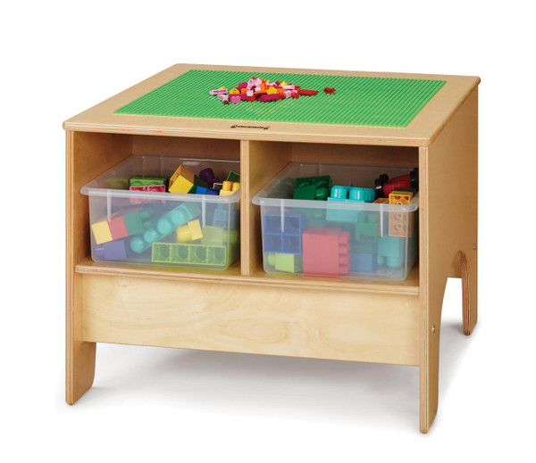 Jonti-Craft KYDZ Building Table - Traditional Brick Compatible, sturdy wooden table with two transparent storage bins filled with colorful building blocks, and a green baseplate on top for brick building activities.
