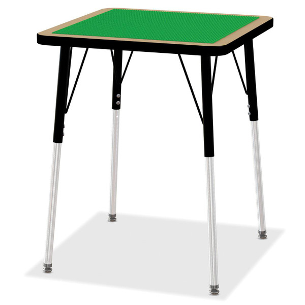 Jonti-Craft Adjustable Building Table - Traditional Brick Compatible - 24-31'H, sturdy children's activity table with a beige top, black border, and adjustable metal legs with black and silver accents, suitable for educational settings.