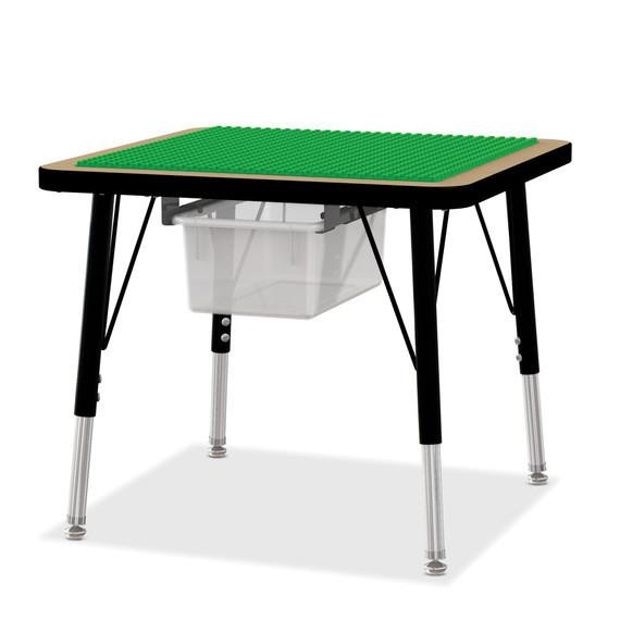 Jonti-Craft Adjustable Building Table - Preschool Brick Compatible - 15-24H, height-adjustable table with black legs, a light wood top, and a green brick-compatible surface for preschool building activities.