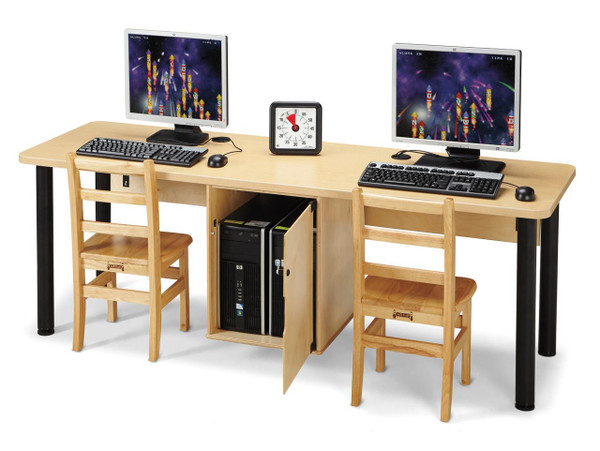 Jonti-Craft Dual Computer Lab Table, wooden desk with two monitors, keyboards, and mice, cabinet with desktop computers underneath, and two wooden chairs.