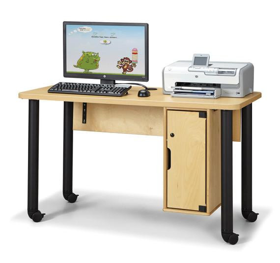 Jonti-Craft Single Computer Lab Table, wooden workspace with computer monitor, keyboard, mouse, and printer on top, black legs with wheels, and a storage cabinet on the side.
