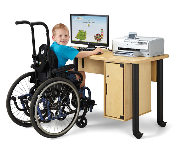 Jonti-Craft Single Computer Lab Table, a classroom workstation with a computer, monitor, and printer, designed for accessibility and ergonomic use by children in wheelchairs.